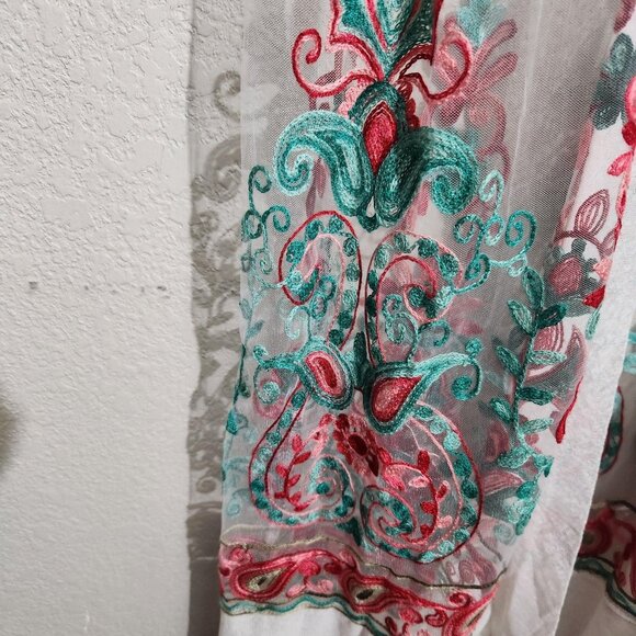 Embroidered Sheer Kimono Cardigan Womens One Size White Teal Red Boho Holiday - Picture 3 of 16